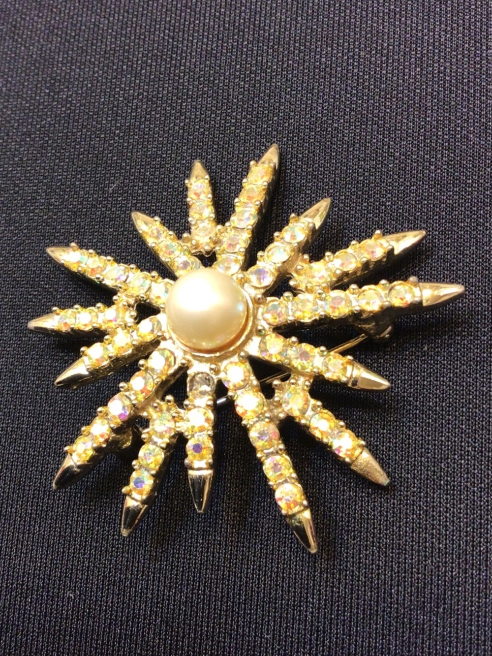 Vintage 1960s Emmons Aurora Borealis Starburst Pearl Brooch Pin Unsigned